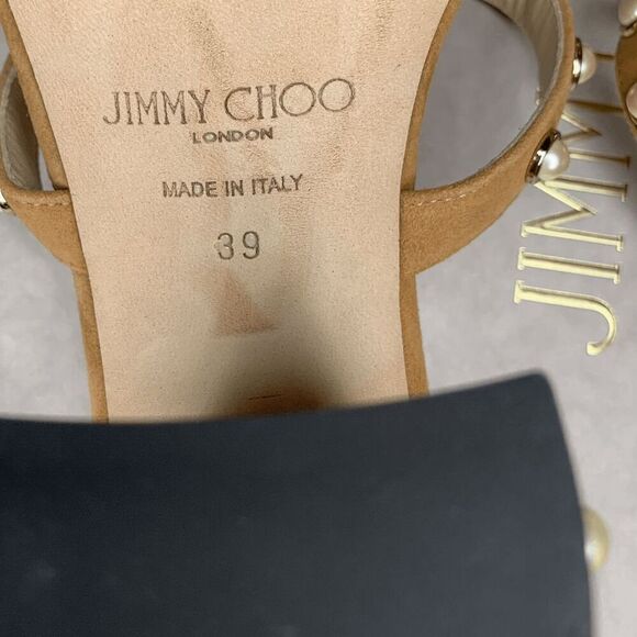 Jimmy Choo Hazal 85 Tan Suede Pearl Studded Heel Mule Slip On Sandal EU 39 US 9 - Picture 5 of 9